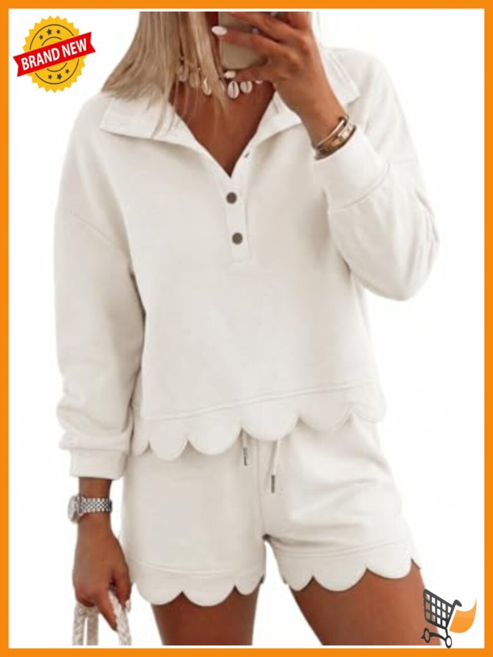 2 Piece Sweatsuit Set Quarter Button Wide Leg Shorts Scalloped Hem Lounge
